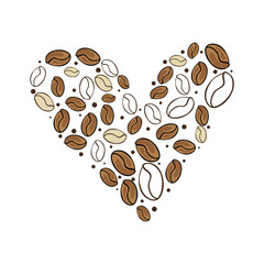 heart shape of coffee brown beans decoration. vector illustration