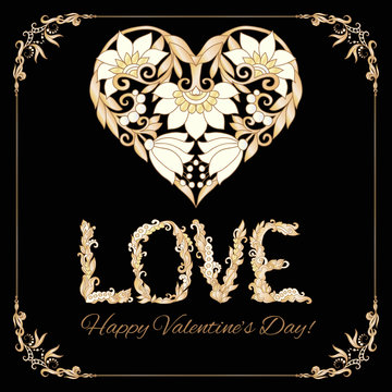 Greeting card with Gold decorative  Love Heart in floral frame on black background.