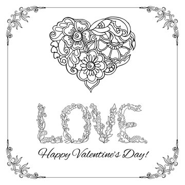 Decorative Love Heart and word Love in floral frame card. Adult coloring page.