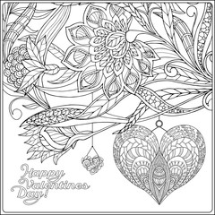 Fototapeta premium Decorative Love heart and vintage flowers card for Valentine's Day. Adult coloring page.