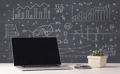 Financial business charts and office laptop