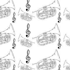 musical wallpaper with music notes and trumpet instrument background. draw design. vector illustration