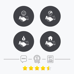Handshake icons. World, Smile happy face.