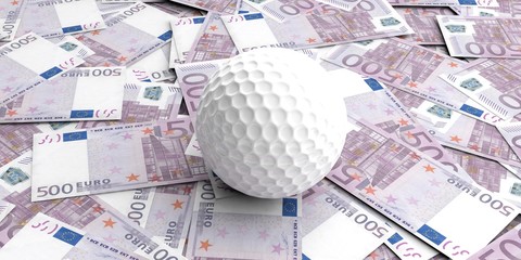 Golf ball on 500 euros banknotes. 3d illustration