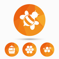 Honey icon. Honeycomb cells with bees symbol.