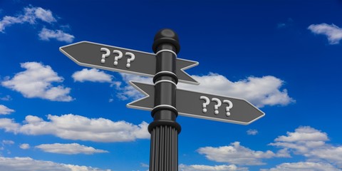 Pointers with question mark on a signpost. 3d illustration