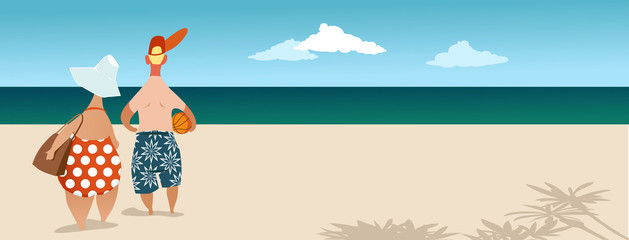 Mature couple standing at the beach, looking at the beautiful seascape, copy space left, EPS 8 vector illustration, no transparencies