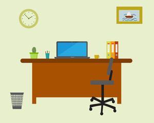 Working place in the office on light green background. Vector illustration. Table, chair, clock, picture. Perfect for advertising, brand sites and magazines