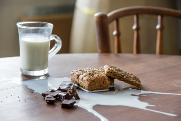 Chocolate, bread and spilled milk on the table.