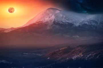 Papier Peint photo autocollant Makalu vue sur le sommet de la montagne, la voie lactée et la lune. fond d& 39 hiver naturel