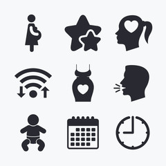 Maternity icons. Baby infant, pregnancy, dress.