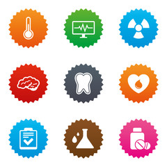 Medicine, medical health and diagnosis icons.