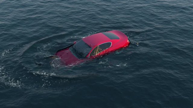 red car falls and drowning in water