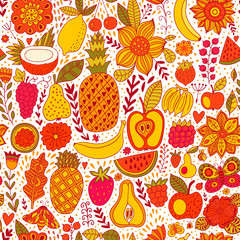 Fruit doodles seamless vector pattern. Hand drawn summer backdrop