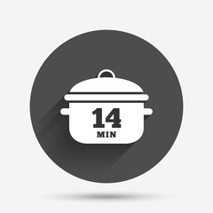 Boil 14 minutes. Cooking pan sign. Stew food