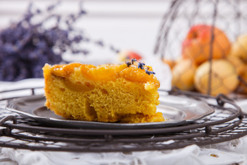 Pie with apricots.Homemade cakes,with lavender on a white background.