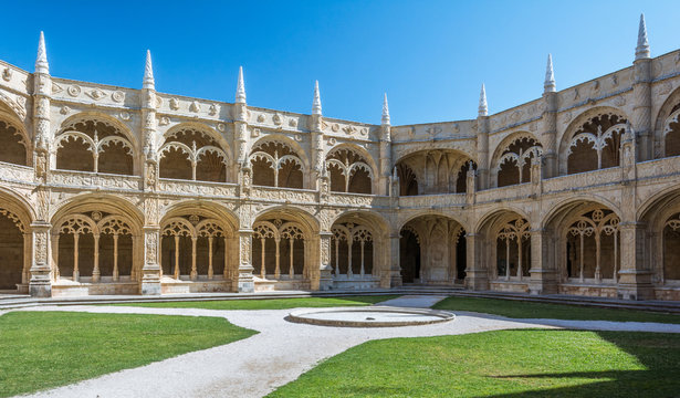 Cloister view of the Jeronimos Monastery in Lisbon, Portugal