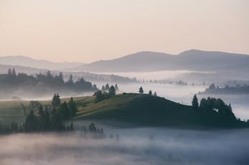 beautiful landscape with mountain veiw and morning fog on sunrise