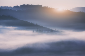 beautiful landscape with mountain veiw and morning fog on sunrise