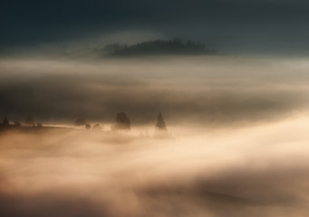 beautiful landscape with mountain veiw and morning fog on sunrise