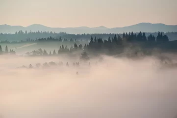 Foto op Canvas beautiful landscape with mountain veiw and morning fog on sunrise © ver0nicka