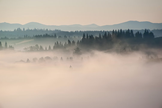Fototapeta beautiful landscape with mountain veiw and morning fog on sunrise