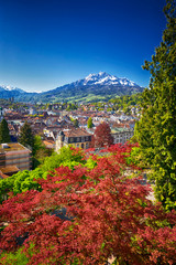 Historic city center of Lucerne with famous Pilatus mountain and Swiss Alps, Luzern, Switzerland