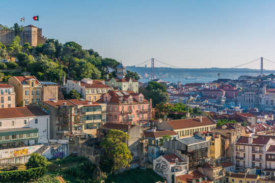 Panoramic late afternoon view from Miradouro da Graca in Lisbon, Portugal