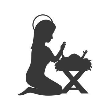 recommend clip art: Traditional Christian Christmas Nativity Scene of baby Jesus in the manger with Mary in silhouette. vector illustration