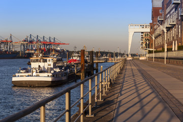 Port of Hamburg, Panoramaview in the early Morning Sun, Office Buildings at the Riverside of the...