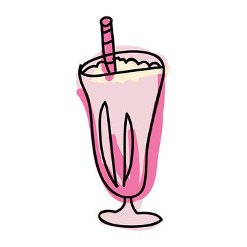 strawberry milkshake on glass cup with wafer roll. drawn design vector illustration