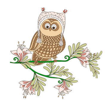 Cute decorative patterned owl and cartoon flowers
