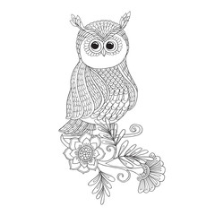 Coloring book for adult and older children. Coloring page with cute decorative owl