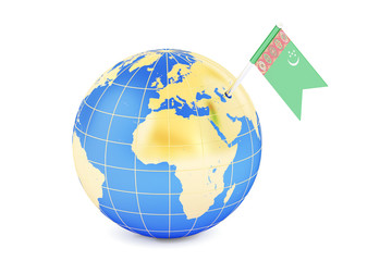 Turkmenistan pin flag on globe map, 3D rendering