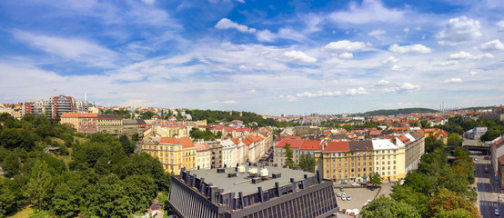 Aerial view of the center of Prague in Czech Republic with blue