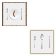 Two frames with knives, forks and plate with sausage with ketchup, and one of them with a spoon