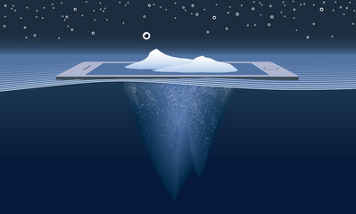 Icebergs, eyeballs, and smart phone, illustrating idea of big data and audiences on mobile devices