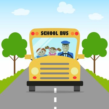 Children go to school by school bus. There are school bus, bus driver, pupils, road and trees in the picture. Flat style vector illustration