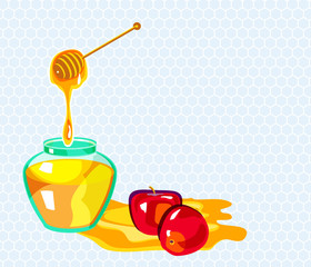 Glass cans jar full of honey, Wooden stick dipper in the honey stain, apples and honeycombs on background - Vector illustration for Rosh Hashanah the Jewish new year