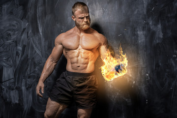Handsome power athletic man bodybuilder. - obrazy, fototapety, plakaty