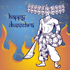 Text and Ravana in fire. Postcard for holiday in India. Happy Dussehra