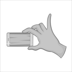 Hand holding mobile phone icon in black monochrome style isolated on white background. Communication symbol vector illustration