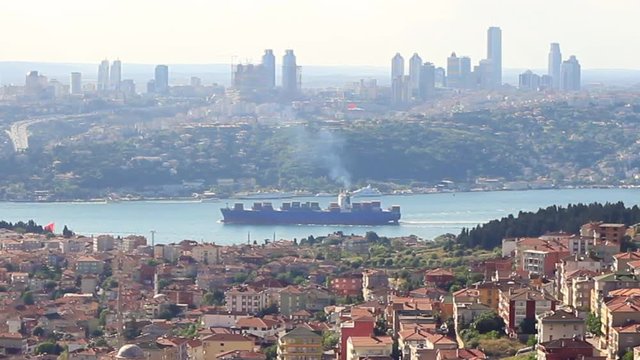Istanbul in smog with a container ship passing in Bosporus. Zoom out, HD Video. Aerial view of terraced housing in suburbs of Camlica in Istanbul, Turkey.
