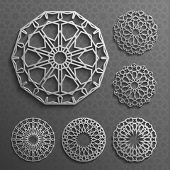 Islamic ornament vector , persian motiff . 3d ramadan round pattern elements . Geometric logo template set. Circular ornamental arabic symbols .