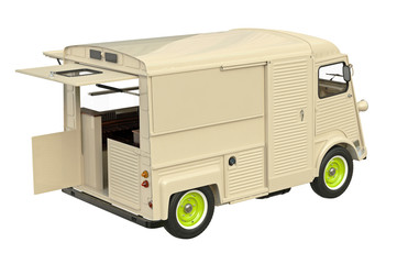 Food truck mobile eatery with open doors. 3D graphic