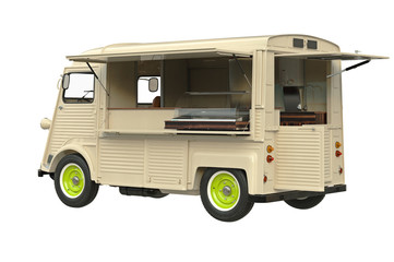 Food truck eatery on wheels retro style. 3D graphic