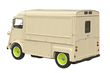 Food beige car eatery on wheels. 3D graphic