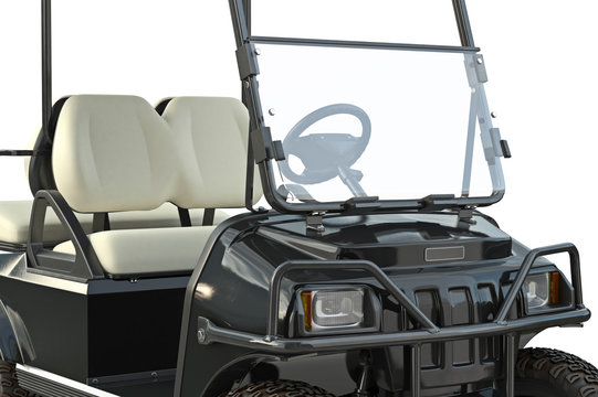 Golf car black golfing equipment, close view. 3D graphic