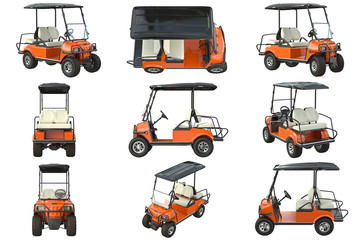 Golf car electric orange transport set. 3D graphic