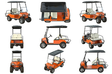 Fototapeta premium Golf car electric orange transport set. 3D graphic